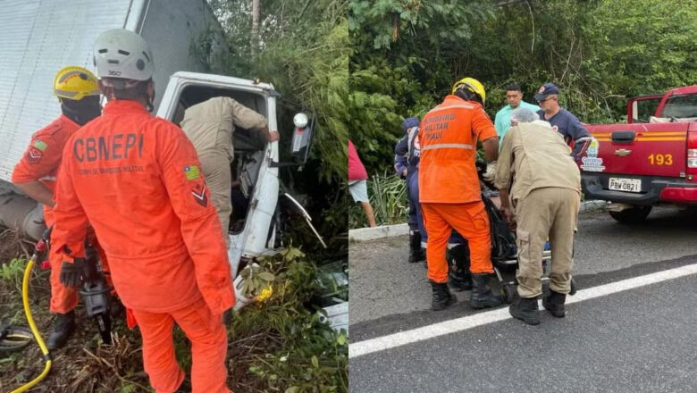 Motorista de caminhão fica preso nas ferragens em acidente na BR 343