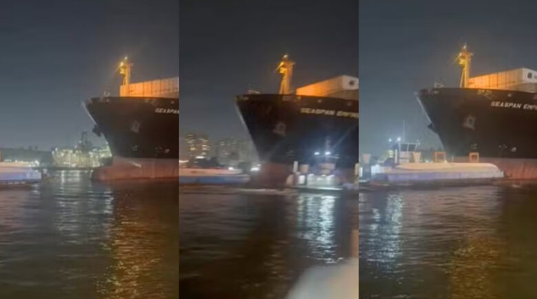 Navio porta-contêineres colide com duas balsas no Porto de Santos e tripulantes pulam no mar