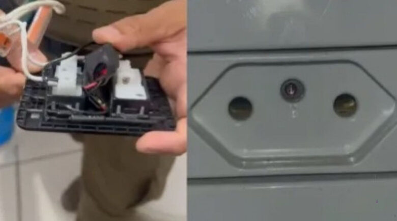 Funcionária encontra microcâmera escondida em tomada no banheiro de empresa em SC