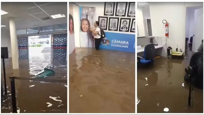 Forte chuva alaga Câmara Municipal de Vereadores e água chega até o joelho